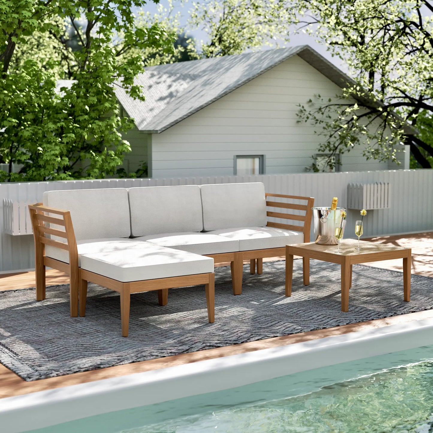 Werph 5-Piece Acacia Wood L-Shape Outdoor Sectional Sofa with Coffee Table & Cushions