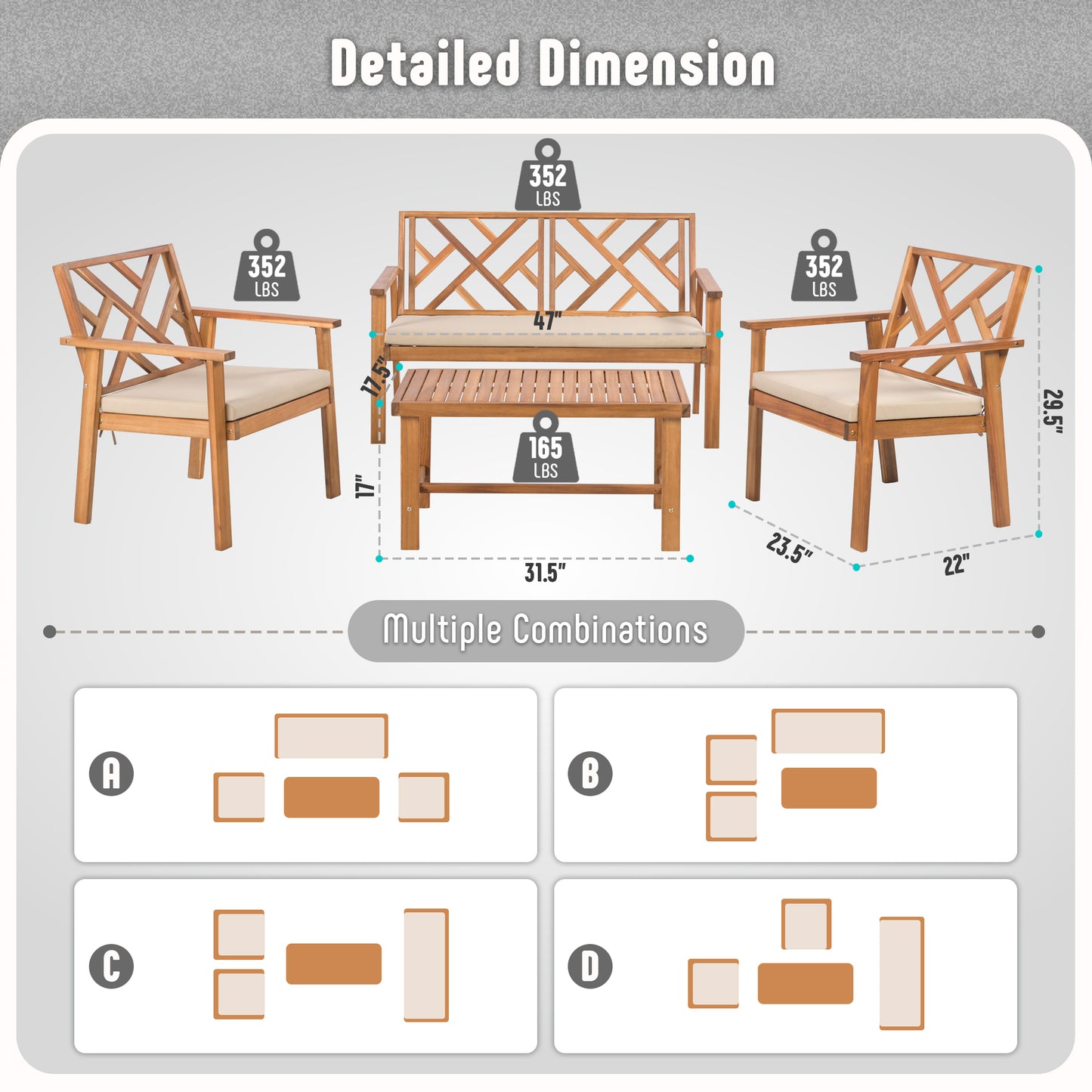 Werph 3 Piece Outdoor Patio Furniture Set, Wooden Conversation Patio Set with Padded Cushion Chairs and Coffee Table, Acacia Wood Lounge Conversation Set for Porch Balcony Deck Backyard