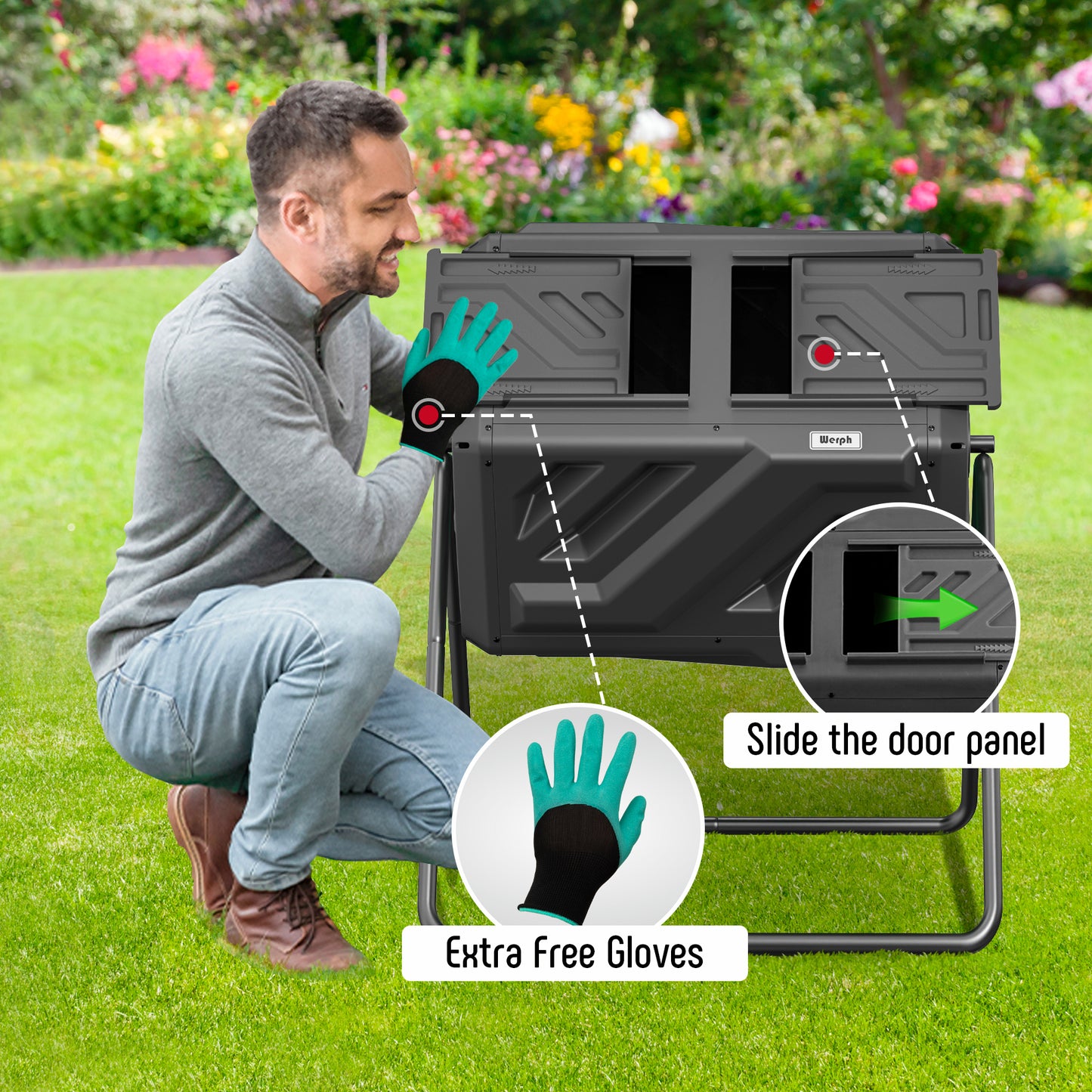 Compost Bin Dual Chamber Compost Tumbler, Fast Assembly 43 Gallon Outdoor with 2 Sliding Doors, Heavy Duty Tumbling Rotating Composter for Kitchen, Garden and Yard, Easy Setup, Gloves Included