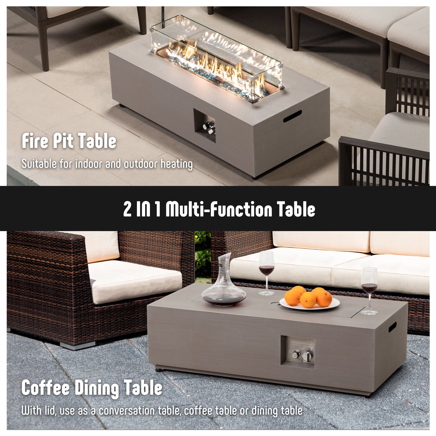 42’’ Propane Fire Pit Table Set with Tank Holder, CSA Certifed 50,000 BTU Outdoor Firepit Table, Wind Guard & Glass Stones, Smoke-Free Rectangular Fire Table for Garden Porch Backyard - Extra Cover