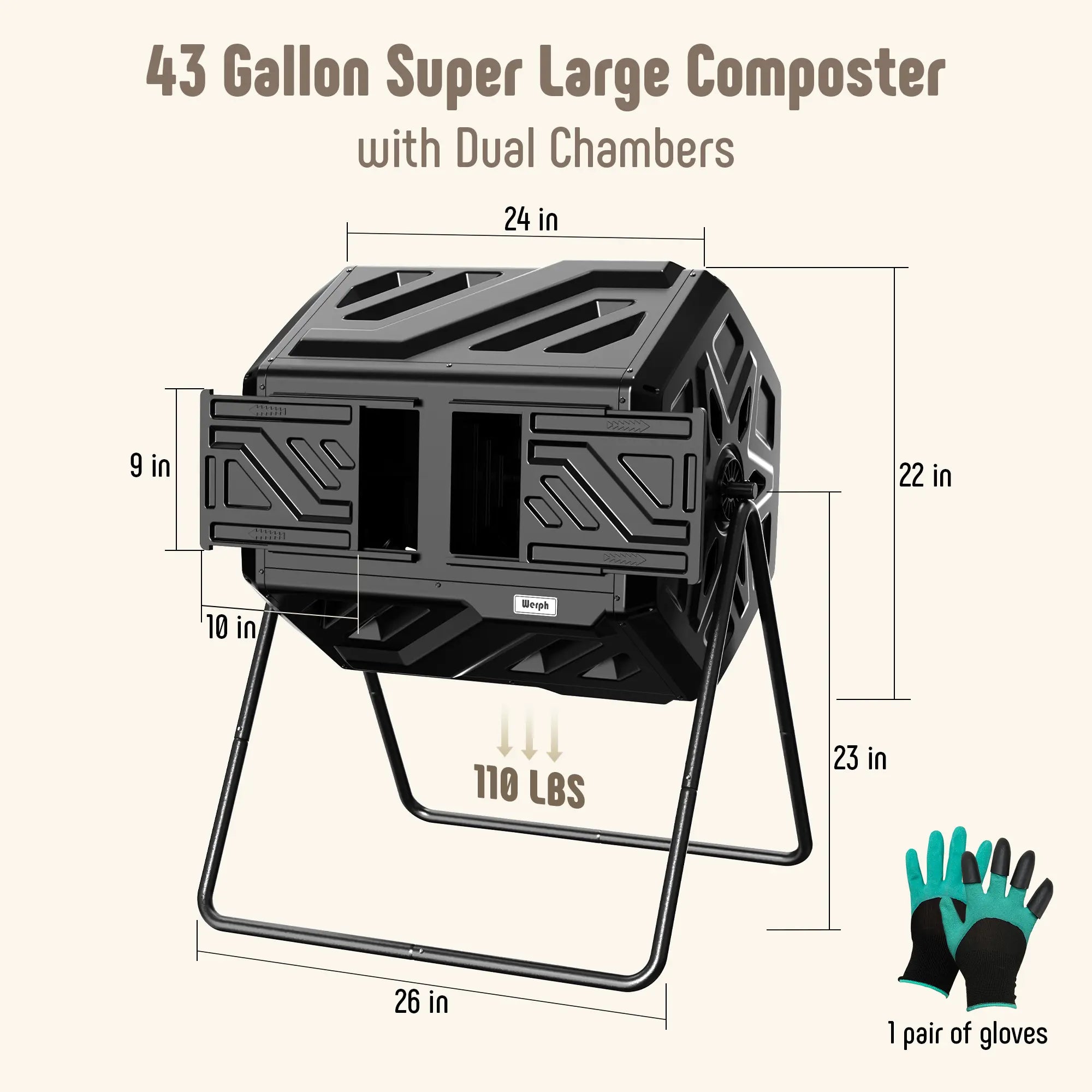 Werph 43 Gallon Dual Chamber Compost Tumbler - Fast Assembly