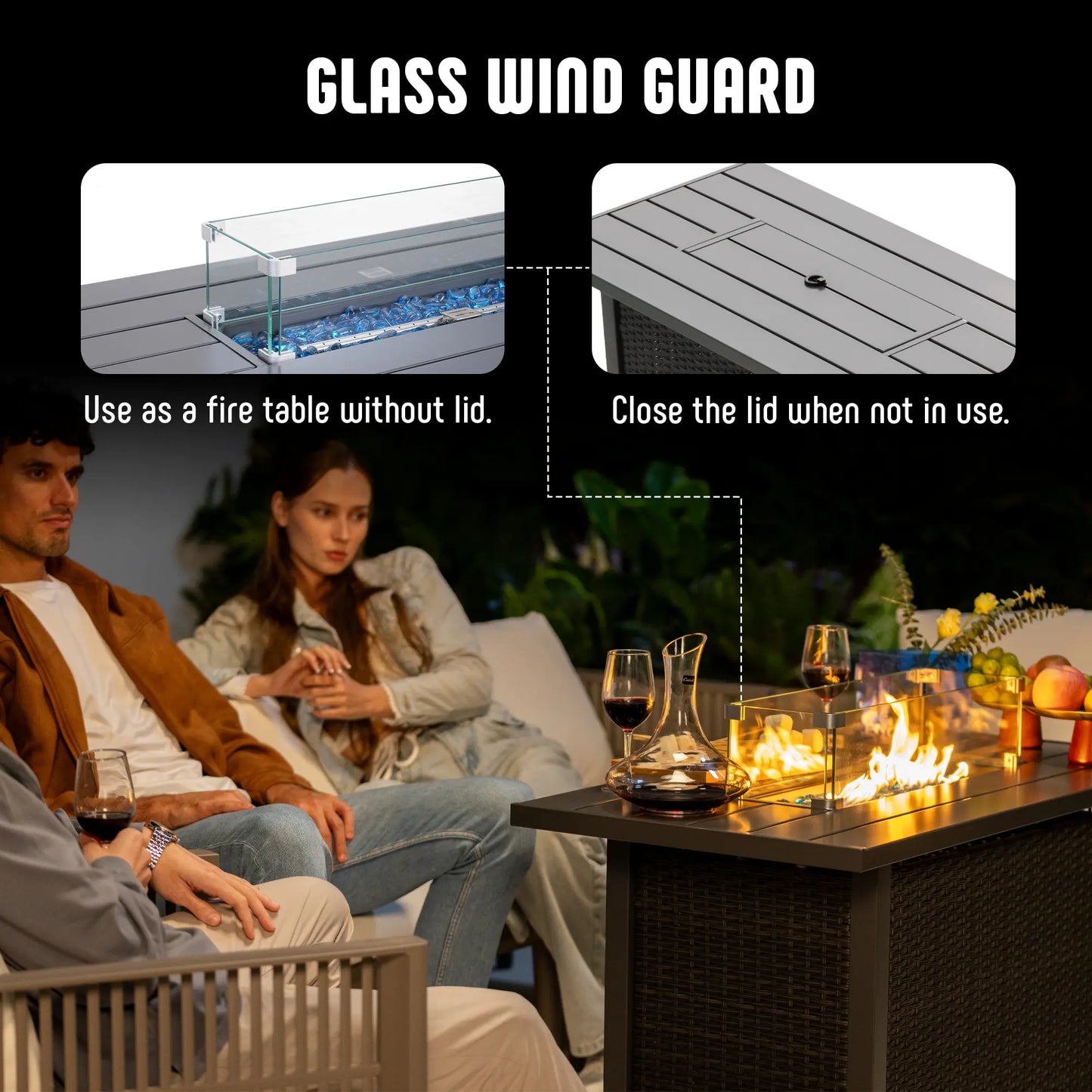 Werph 43" Propane Fire Pit Table - 2-in-1 Outdoor Fire Table with Lid & Glass Stones