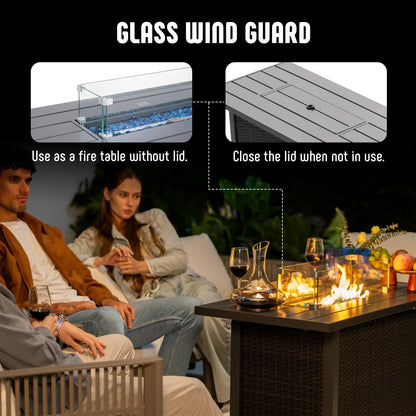 Werph 43" Propane Fire Pit Table - 2-in-1 Outdoor Fire Table with Lid & Glass Stones