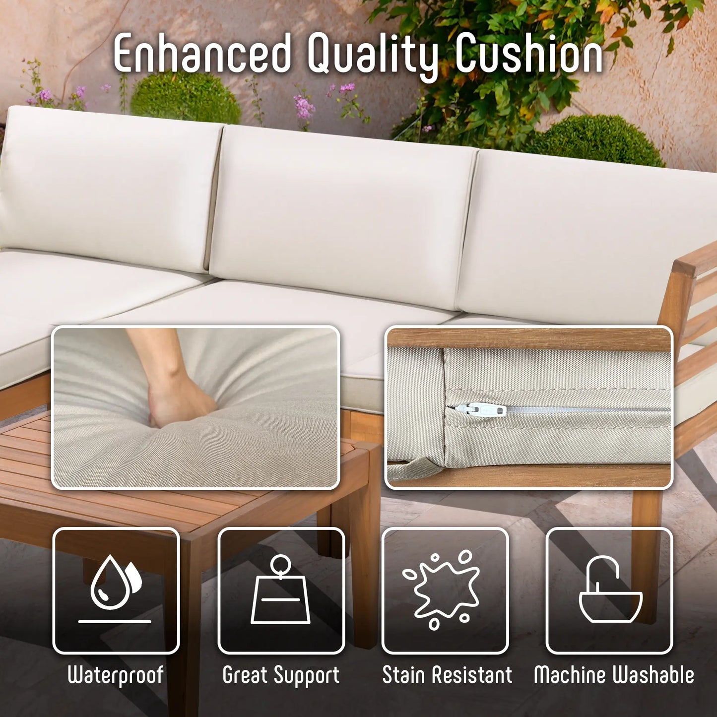 Werph 5-Piece Acacia Wood L-Shape Outdoor Sectional Sofa with Coffee Table & Cushions