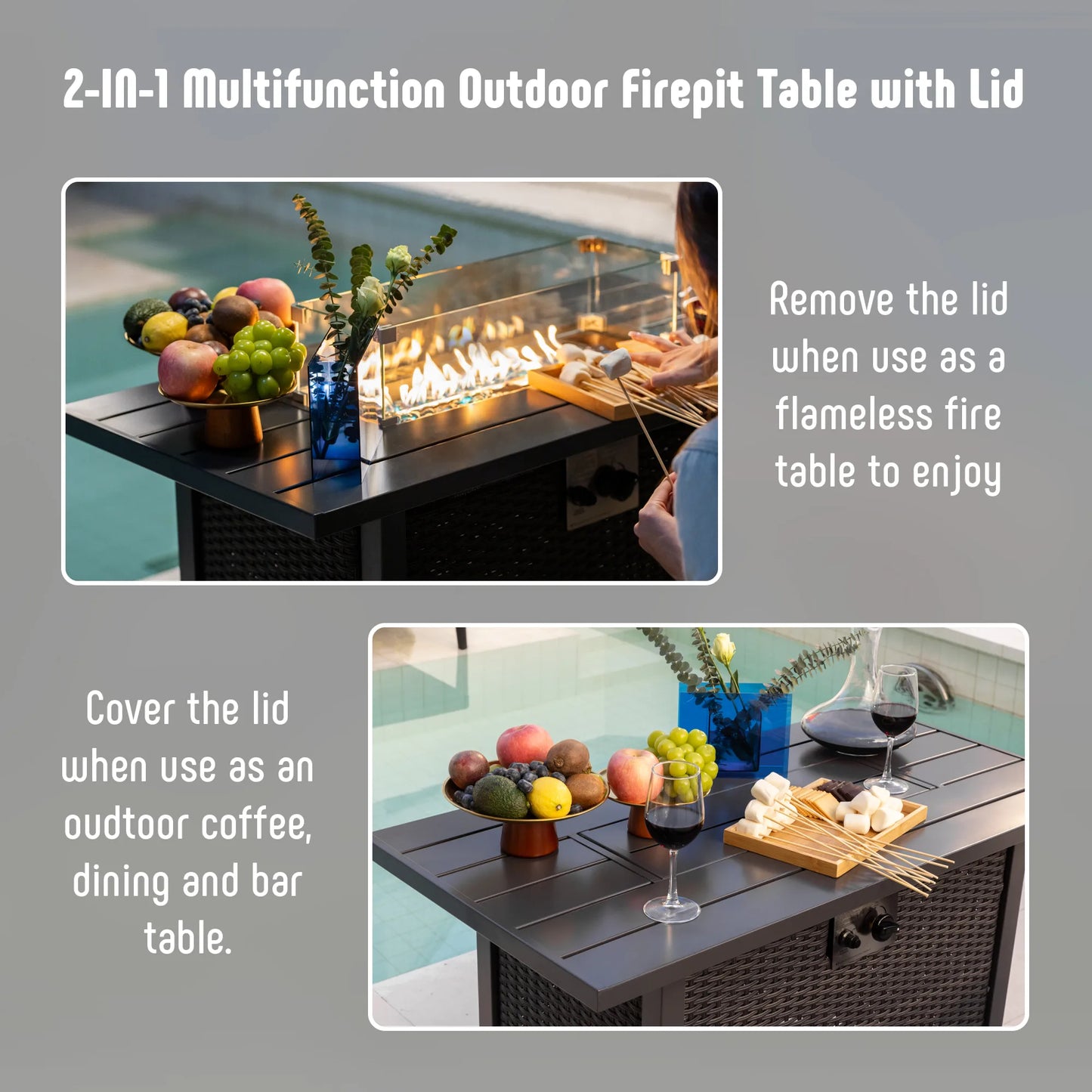 Werph 43" Propane Fire Pit Table - 2-in-1 Outdoor Fire Table with Lid & Glass Stones