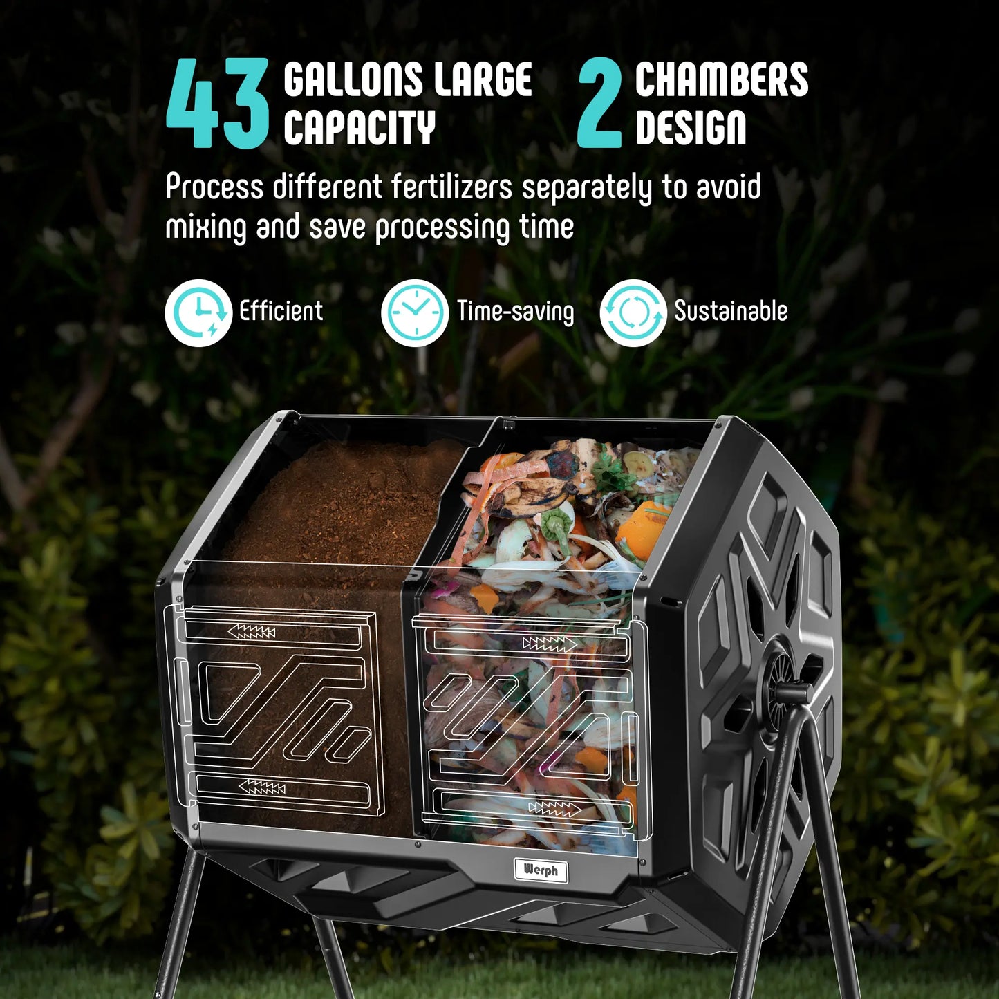 Werph 43 Gallon Dual Chamber Compost Tumbler - Fast Assembly