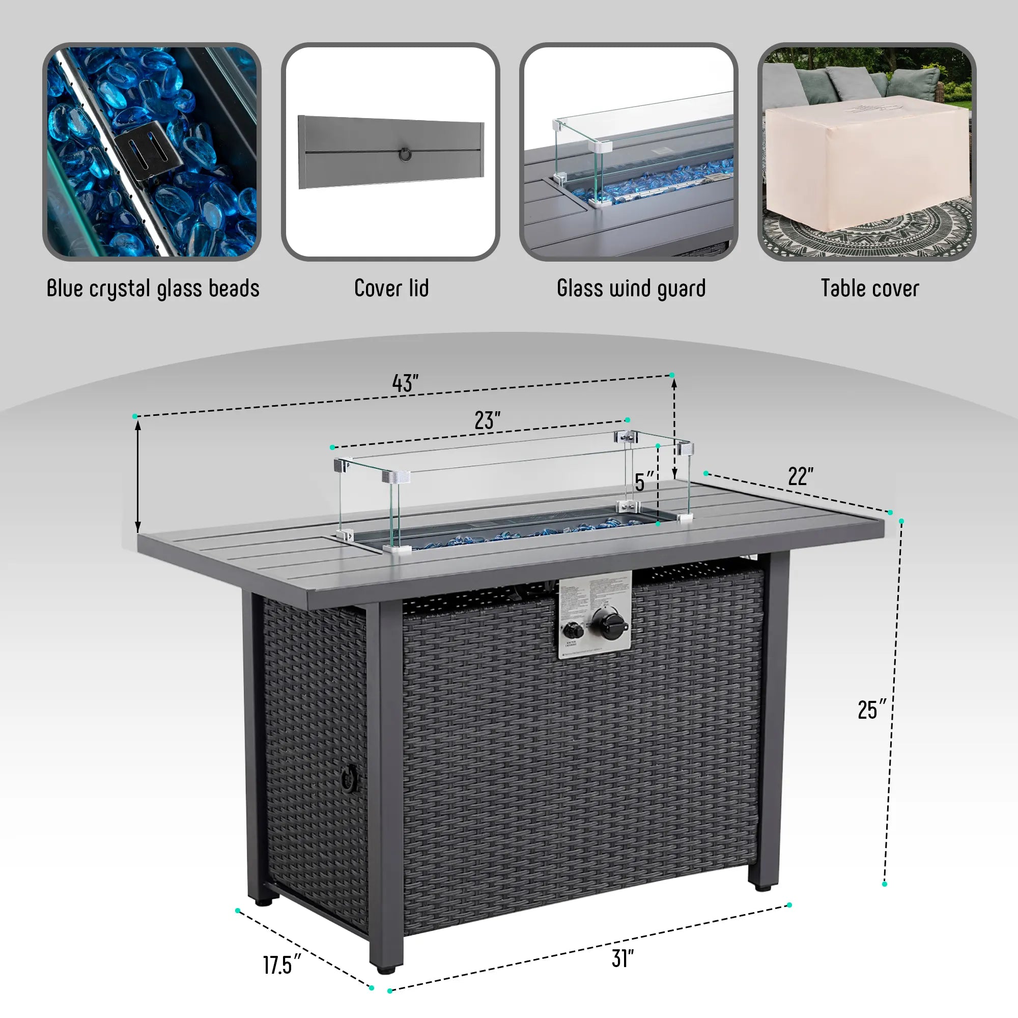 Werph 43" Propane Fire Pit Table - 2-in-1 Outdoor Fire Table with Lid & Glass Stones