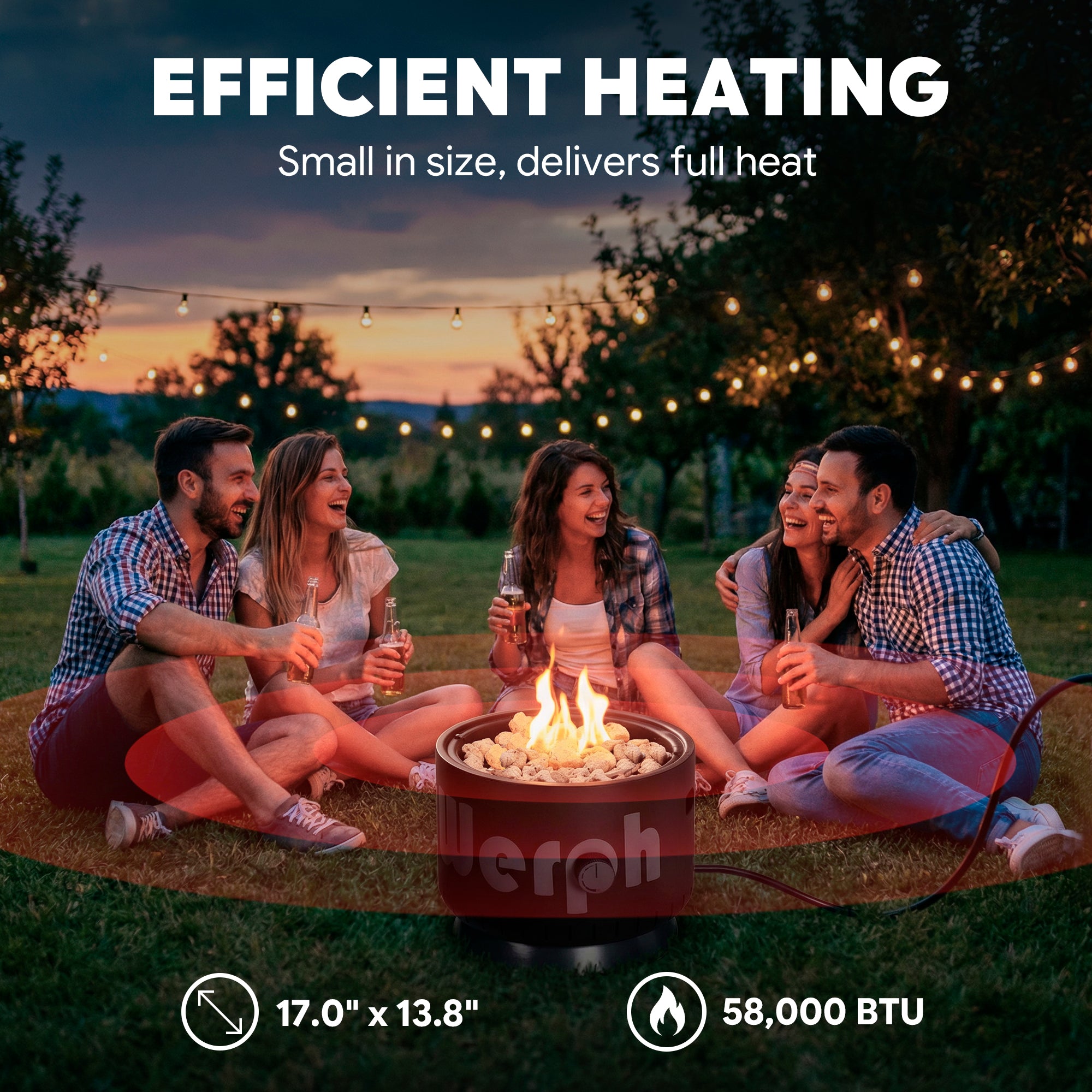 WERPH 17-Inch Compact Propane Gas Fire Pit, 58,000 BTU, Lightweight with Locking 2-in-1 Lid & Pumice Stones, Black