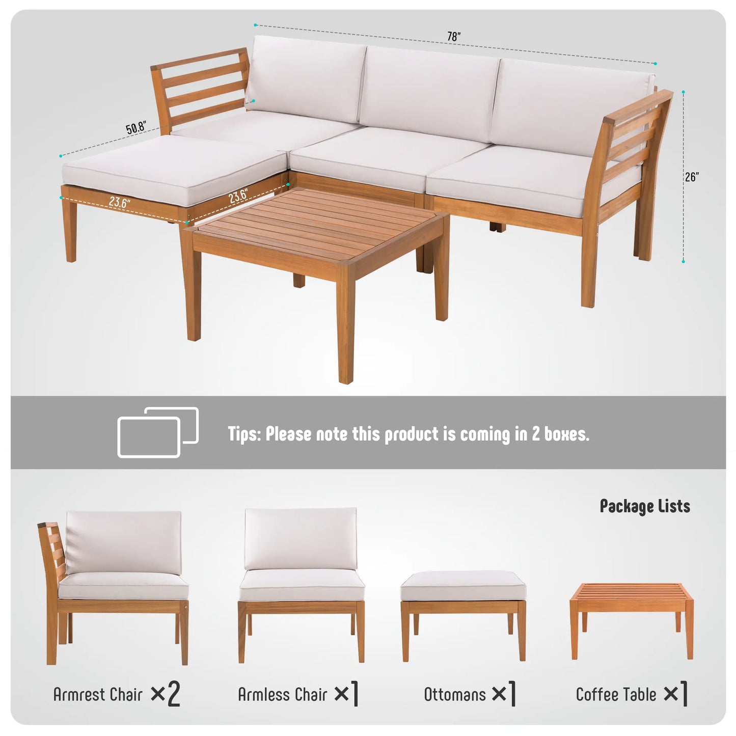 Werph 5-Piece Acacia Wood L-Shape Outdoor Sectional Sofa with Coffee Table & Cushions
