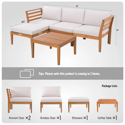 Werph 5-Piece Acacia Wood L-Shape Outdoor Sectional Sofa with Coffee Table & Cushions