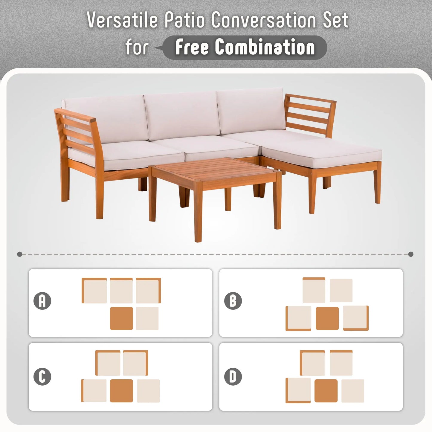 Werph 5-Piece Acacia Wood L-Shape Outdoor Sectional Sofa with Coffee Table & Cushions