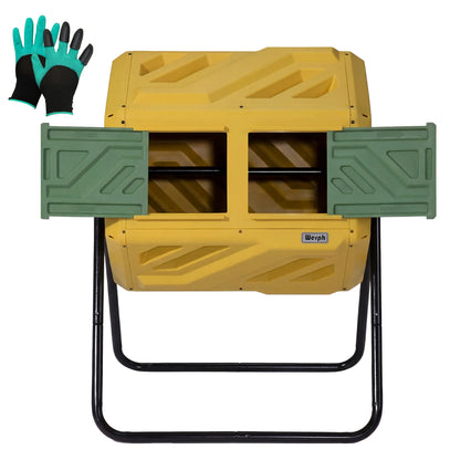 Werph-Yellow plastic  compost bin outdoor with gardening gloves;garden compost tumbler;worm farm composter; Compost bin near me;Best kitchen compost bin for small spaces
