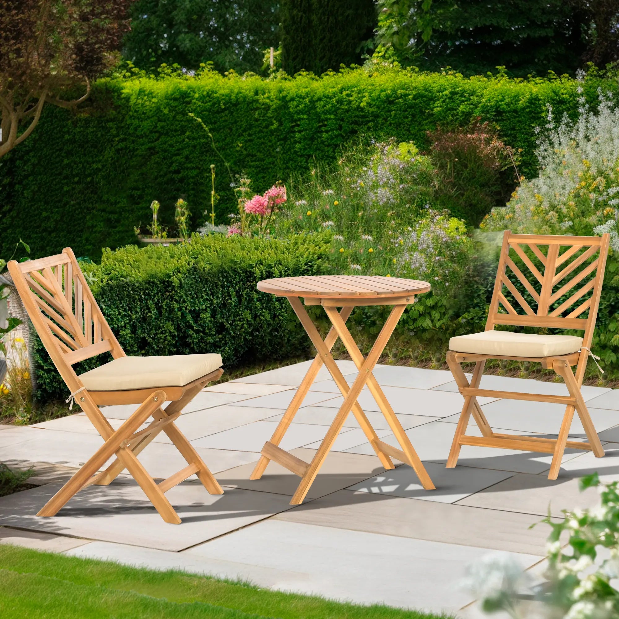 Werph 3-Piece Acacia Wood Bistro Set with Cushions - Foldable Patio Furniture for Balcony & Deck