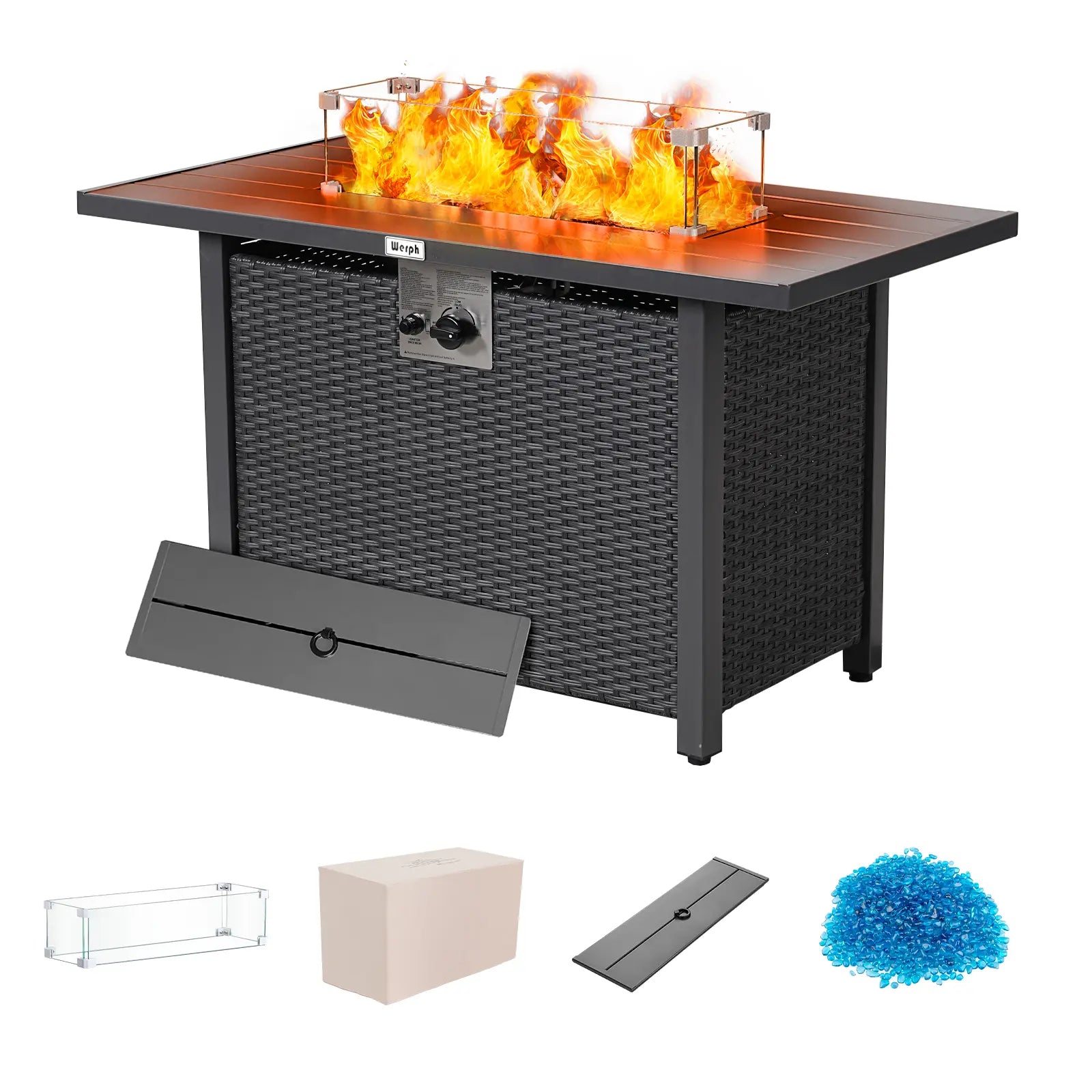 Werph 43" Propane Fire Pit Table - 2-in-1 Outdoor Fire Table with Lid & Glass Stones