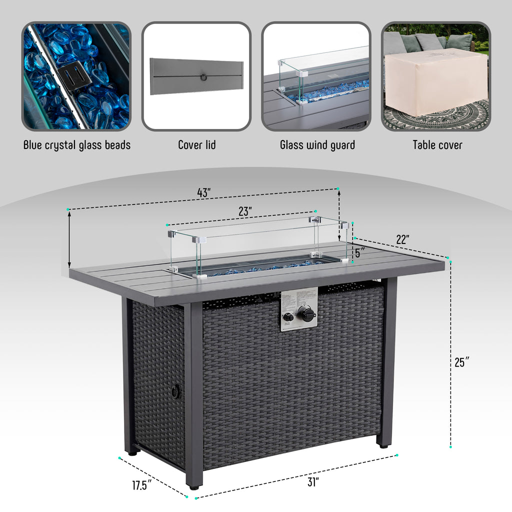 Werph 43" Propane Fire Pit Table - 2-in-1 Outdoor Fire Table with Lid & Glass Stones