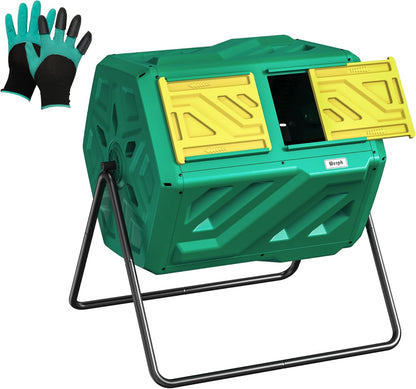 Compost Bin Dual Chamber Compost Tumbler, Fast Assembly 43 Gallon Outdoor with 2 Sliding Doors, Heavy Duty Tumbling Rotating Composter for Kitchen, Garden and Yard, Easy Setup, Gloves Included