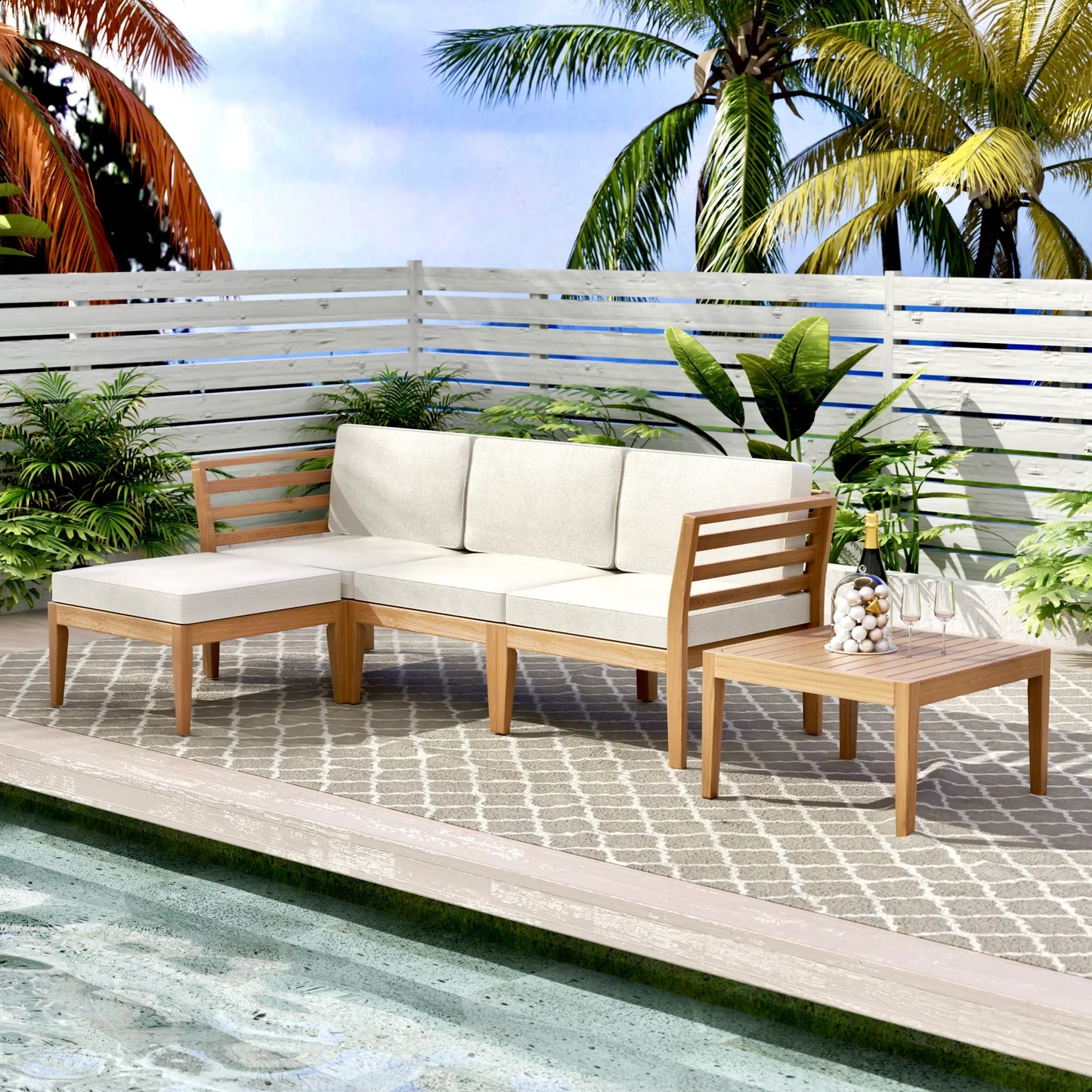 Werph 5-Piece Acacia Wood L-Shape Outdoor Sectional Sofa with Coffee Table & Cushions