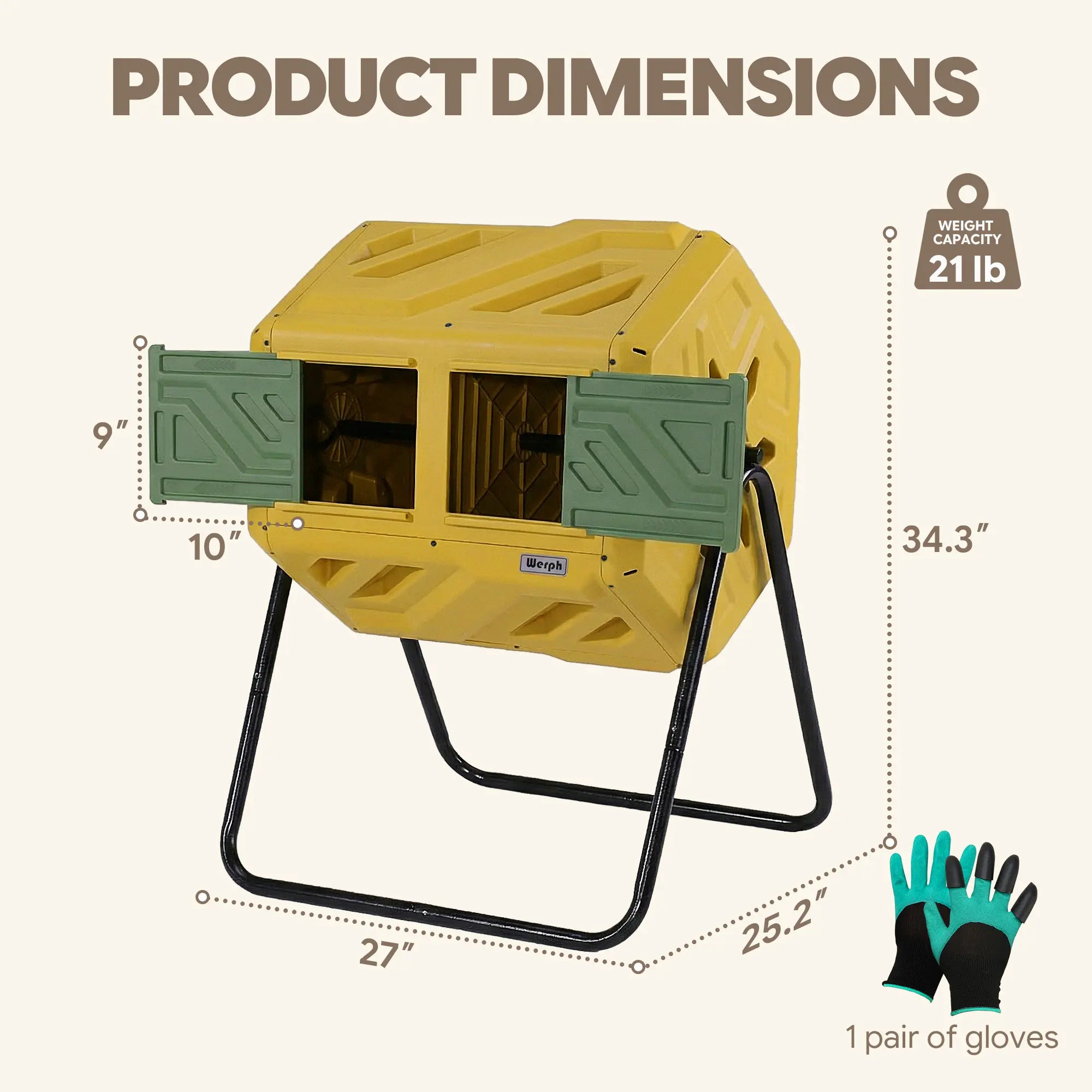 Werph 43 Gallon Dual-Chamber Compost Bin with Gloves for Garden