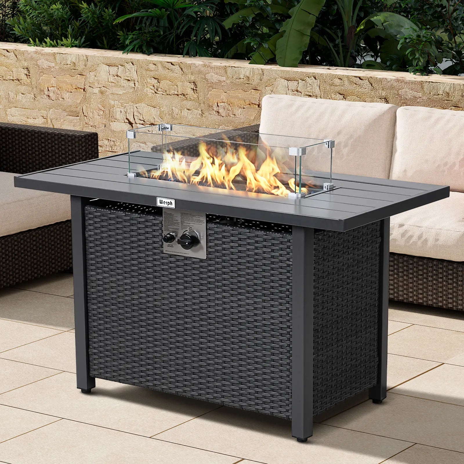 Werph 43" Propane Fire Pit Table - 2-in-1 Outdoor Fire Table with Lid & Glass Stones