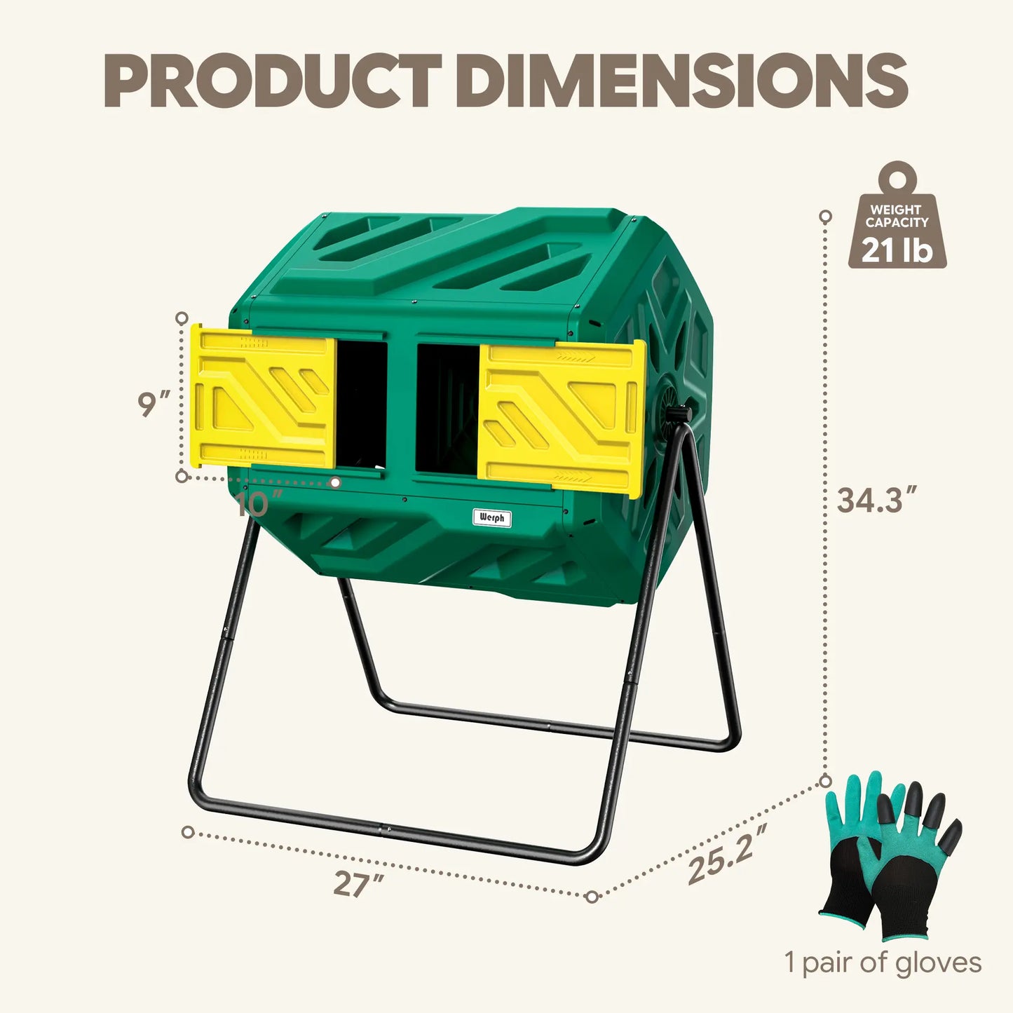 Werph 43 Gallon Dual Chamber Compost Tumbler - Fast Assembly