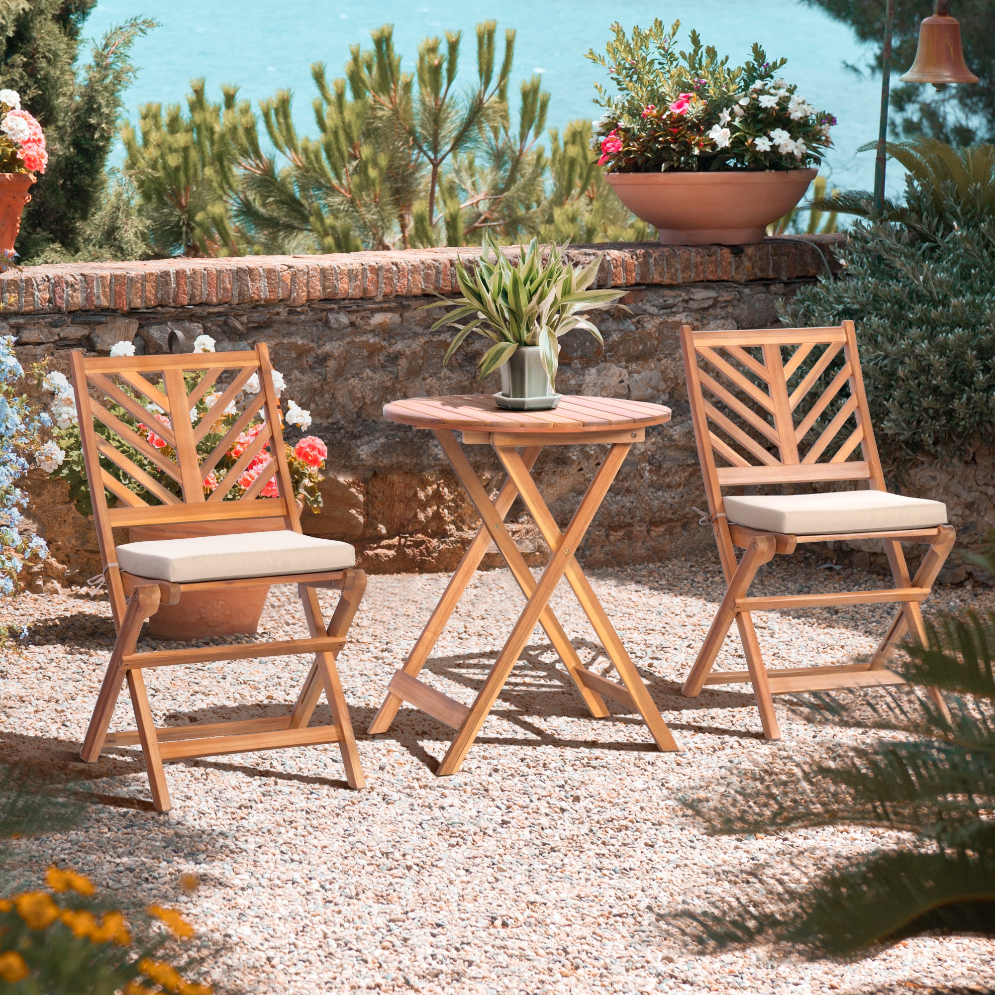 Werph 3-Piece Acacia Wood Bistro Set with Cushions - Foldable Patio Furniture for Balcony & Deck