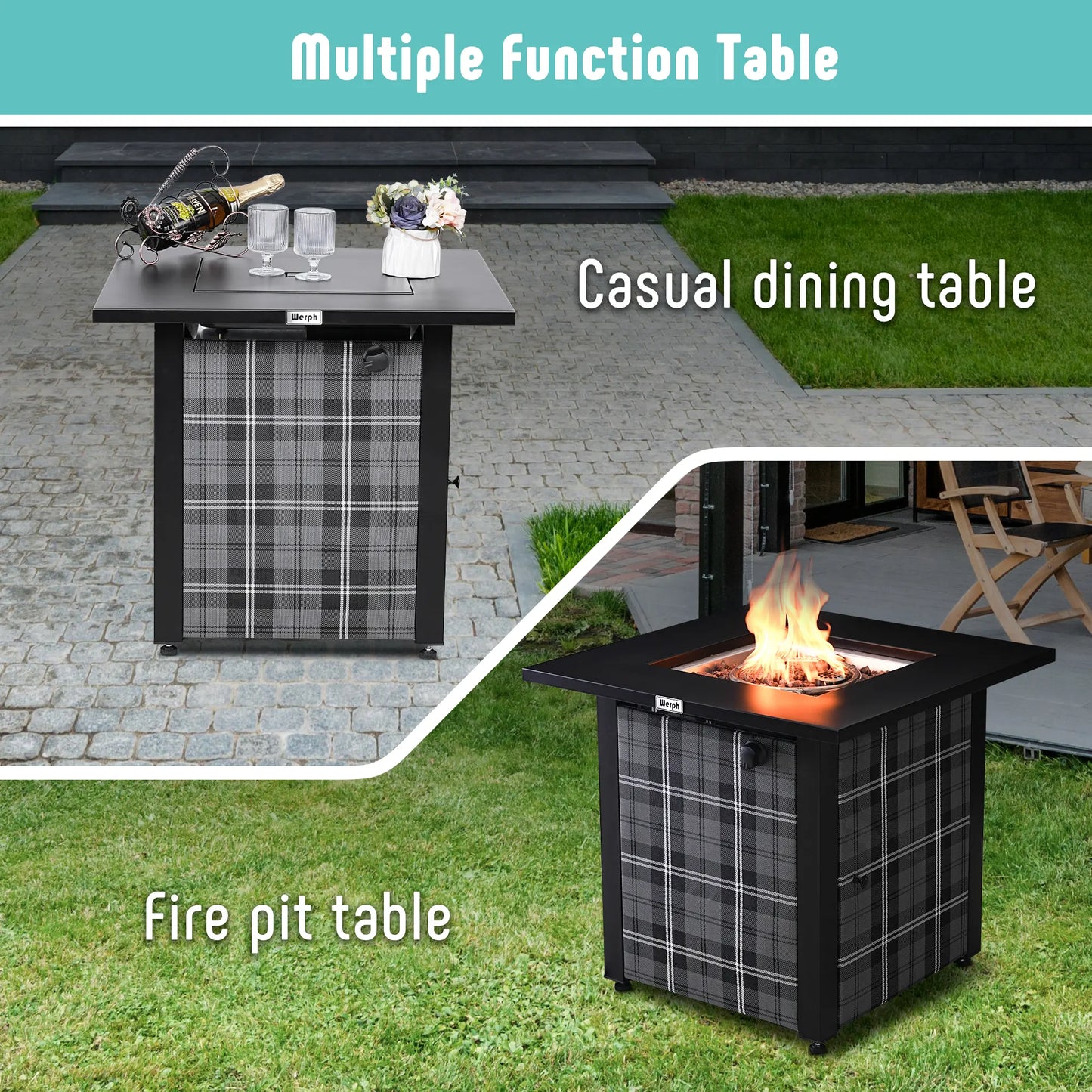 Werph 28 in Propane Fire Pit Table - 50,000 BTU CSA Certified 2-in-1 Outdoor Gas Dining Table with Lava Rocks