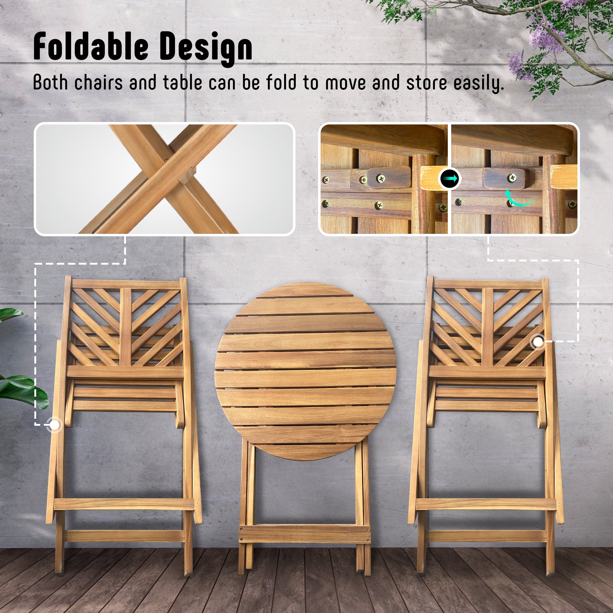 Werph 3-Piece Acacia Wood Bistro Set with Cushions - Foldable Patio Furniture for Balcony & Deck