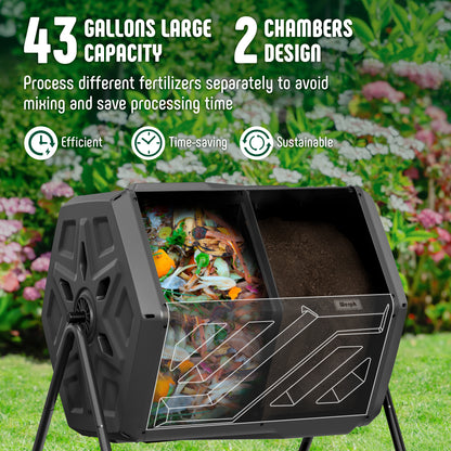 Compost Bin Dual Chamber Compost Tumbler, Fast Assembly 43 Gallon Outdoor with 2 Sliding Doors, Heavy Duty Tumbling Rotating Composter for Kitchen, Garden and Yard, Easy Setup, Gloves Included