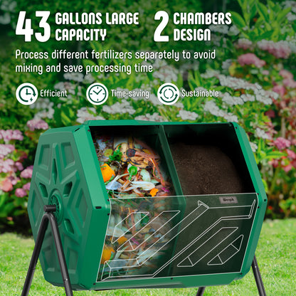 Compost Bin Dual Chamber Compost Tumbler, Fast Assembly 43 Gallon Outdoor with 2 Sliding Doors, Heavy Duty Tumbling Rotating Composter for Kitchen, Garden and Yard, Easy Setup, Gloves Included