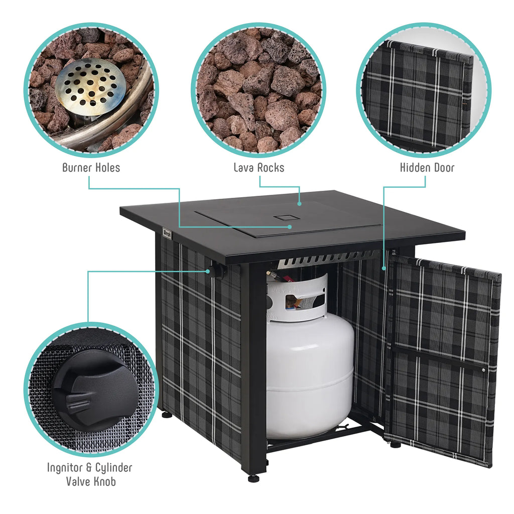 Outdoor patio gas fire table with lava rocks and dining lid