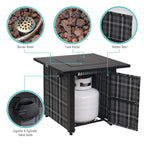 Outdoor patio gas fire table with lava rocks and dining lid