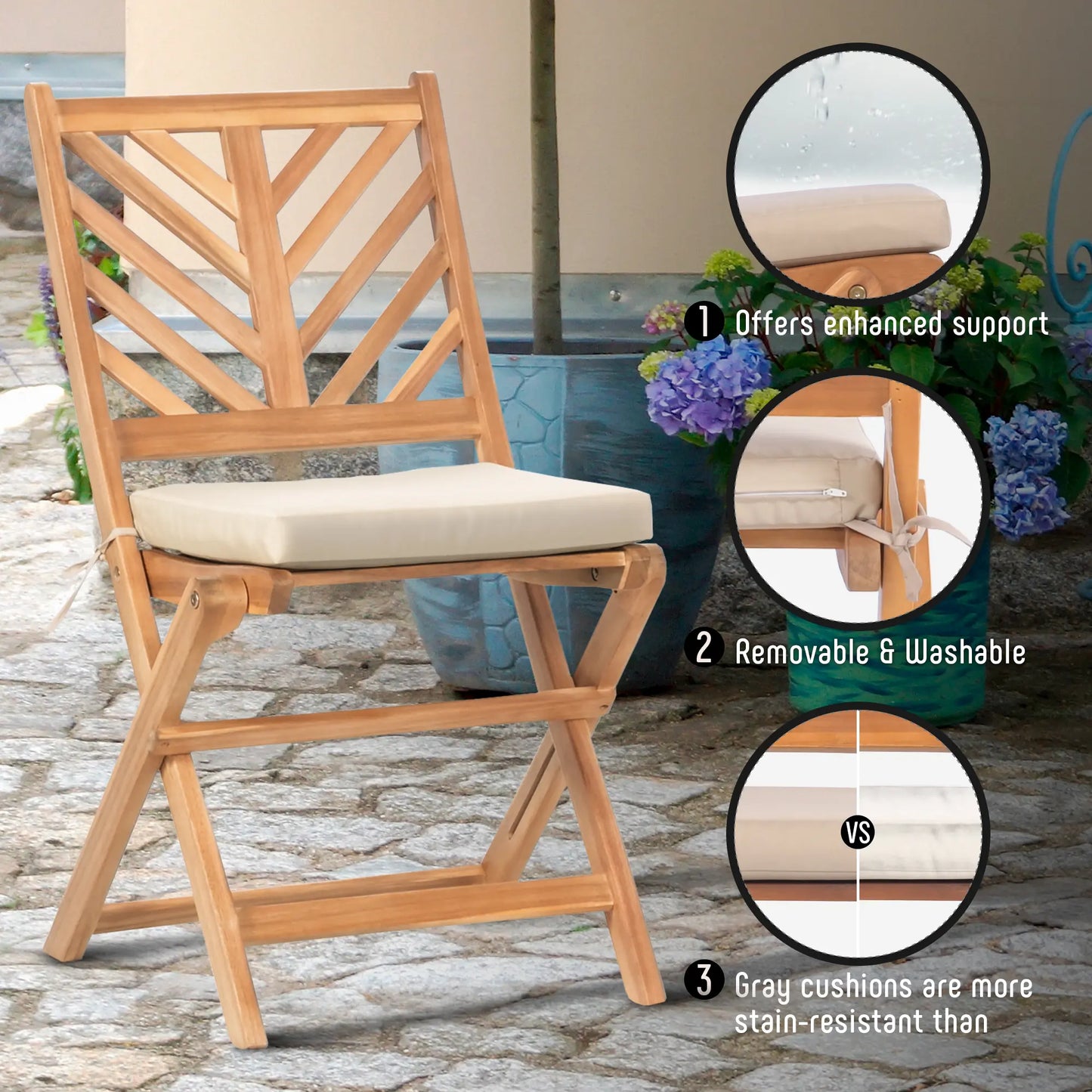 Werph 3-Piece Acacia Wood Bistro Set with Cushions - Foldable Patio Furniture for Balcony & Deck