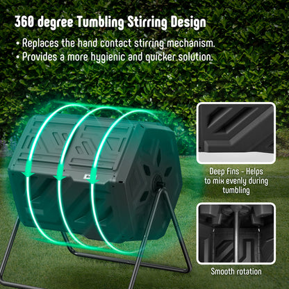 Compost Bin Dual Chamber Compost Tumbler, Fast Assembly 43 Gallon Outdoor with 2 Sliding Doors, Heavy Duty Tumbling Rotating Composter for Kitchen, Garden and Yard, Easy Setup, Gloves Included