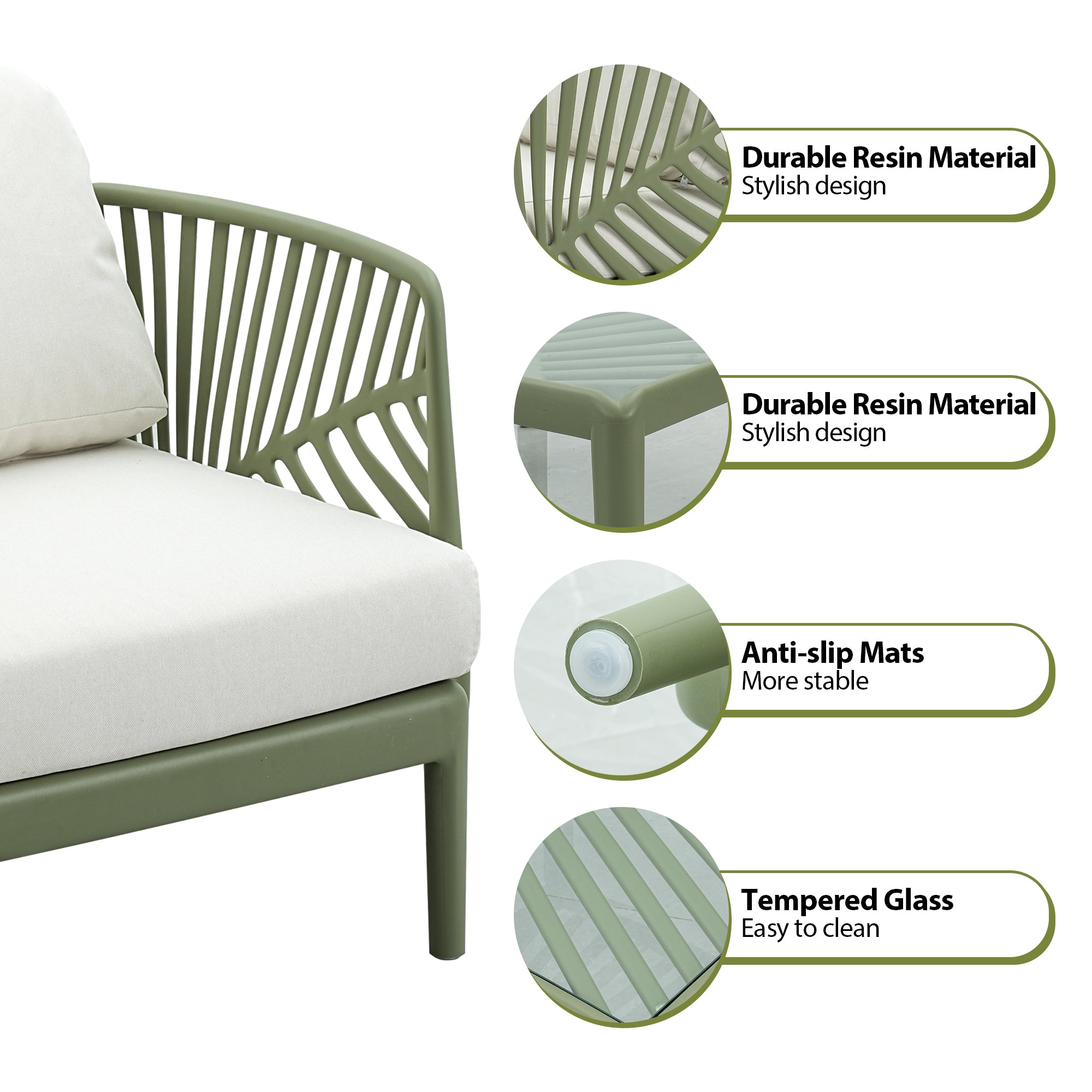 Werph Outdoor Patio Furniture Set - Sectional Sofa with Washable Cushions & Glass Table