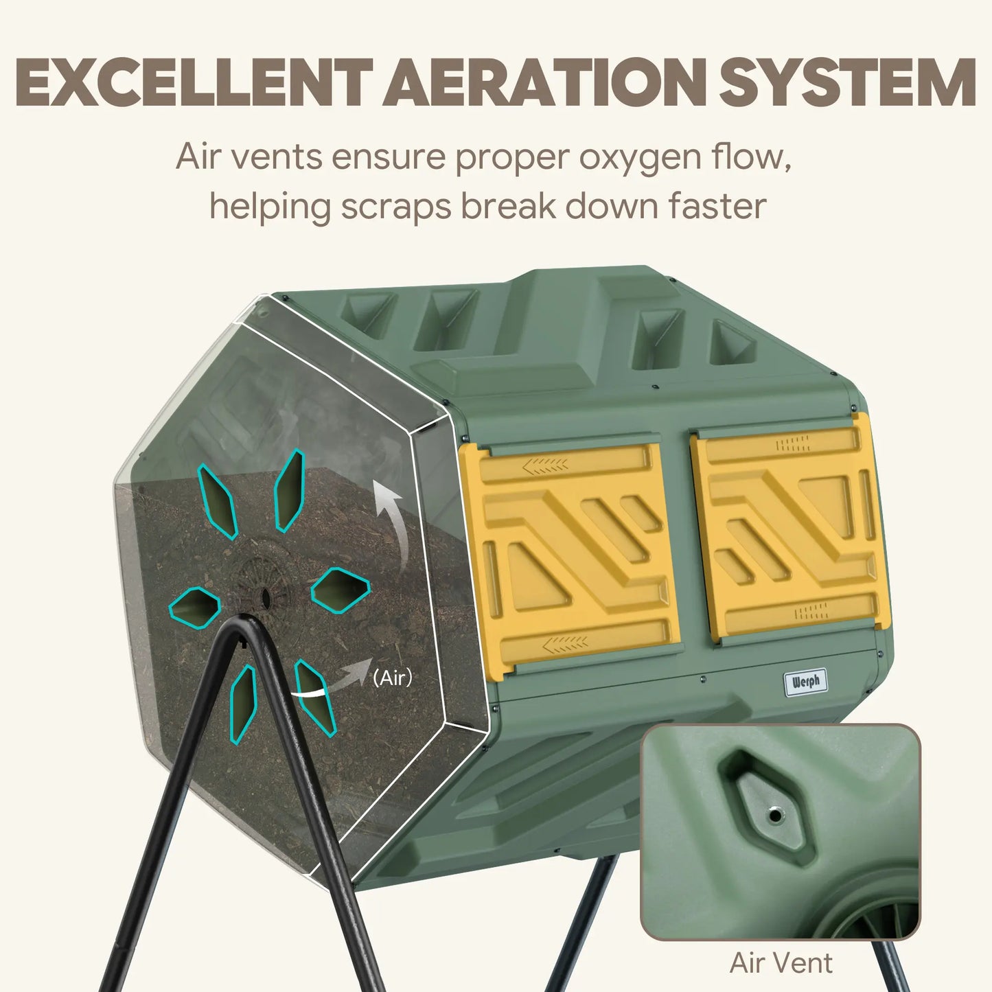Green compost bin with air vents and excellent aeration system.