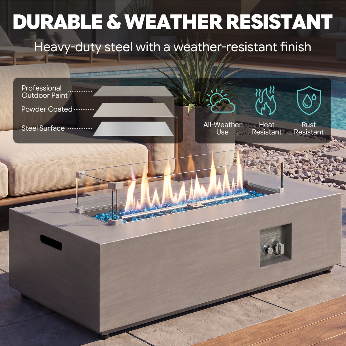 WERPH 42-Inch Propane Fire Pit Table, Rectangular, 60,000 BTU