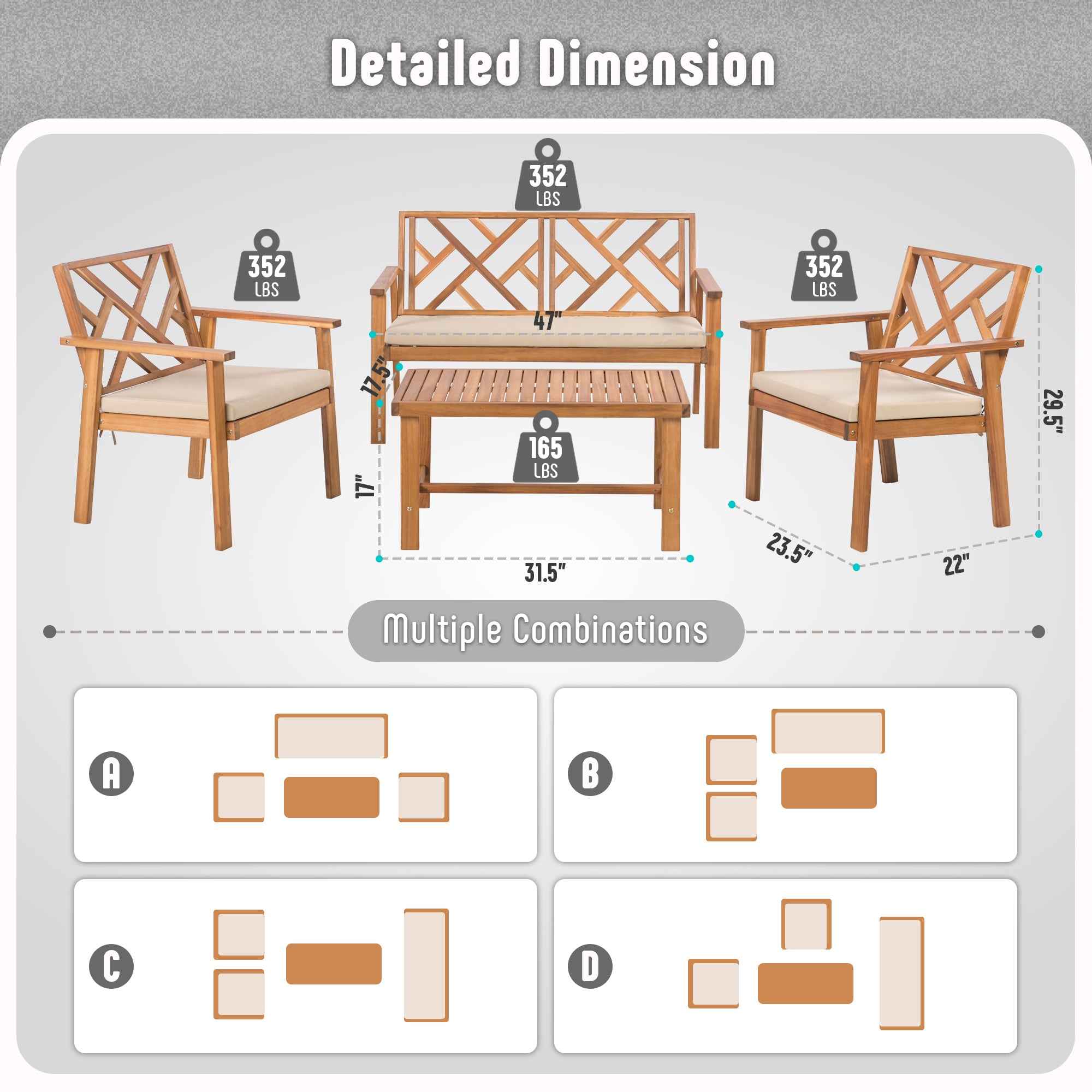 Werph Acacia Wood Patio Furniture Set with Cushions - Outdoor Conversation Set for Porch & Balcony
