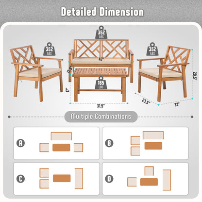 Werph 3 Piece Outdoor Patio Furniture Set, Wooden Conversation Patio Set with Padded Cushion Chairs and Coffee Table, Acacia Wood Lounge Conversation Set for Porch Balcony Deck Backyard