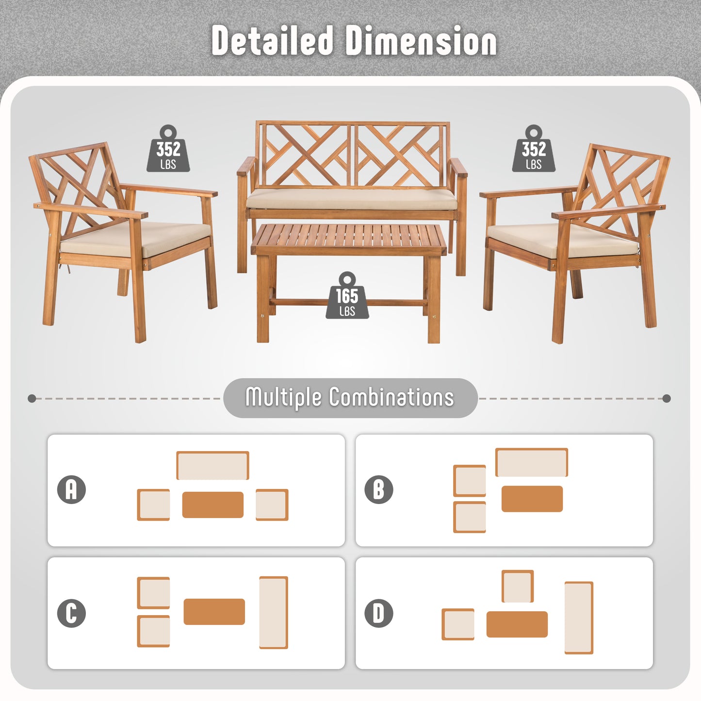 Werph 3 Piece Outdoor Patio Furniture Set, Wooden Conversation Patio Set with Padded Cushion Chairs and Coffee Table, Acacia Wood Lounge Conversation Set for Porch Balcony Deck Backyard