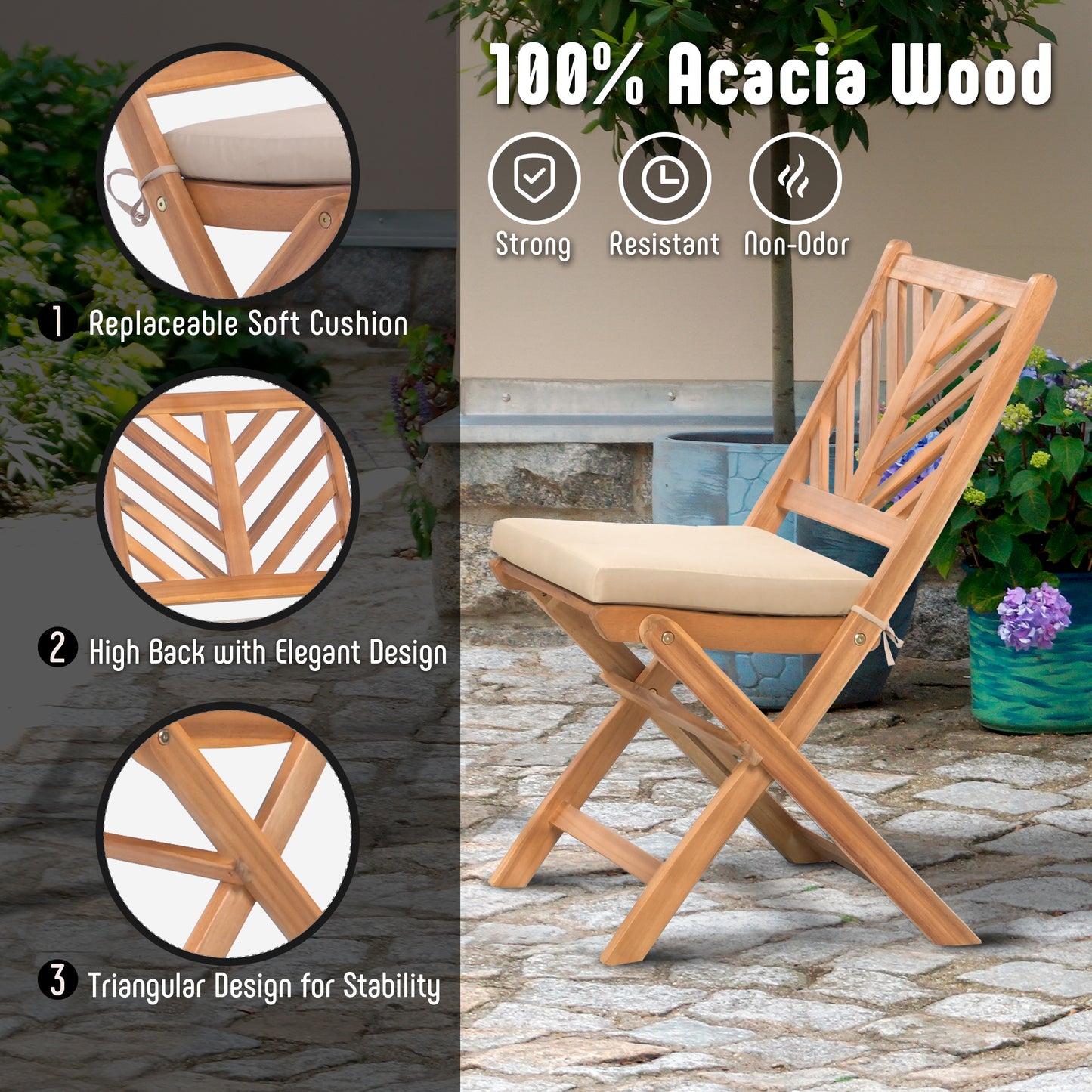 Werph 3-Piece Acacia Wood Patio Set,Bistro Table and Chairs Set of 2,Small Patio Furniture Set with Cushions,Folding Balcony Furniture for Apartment, Balcony, Deck or Porch