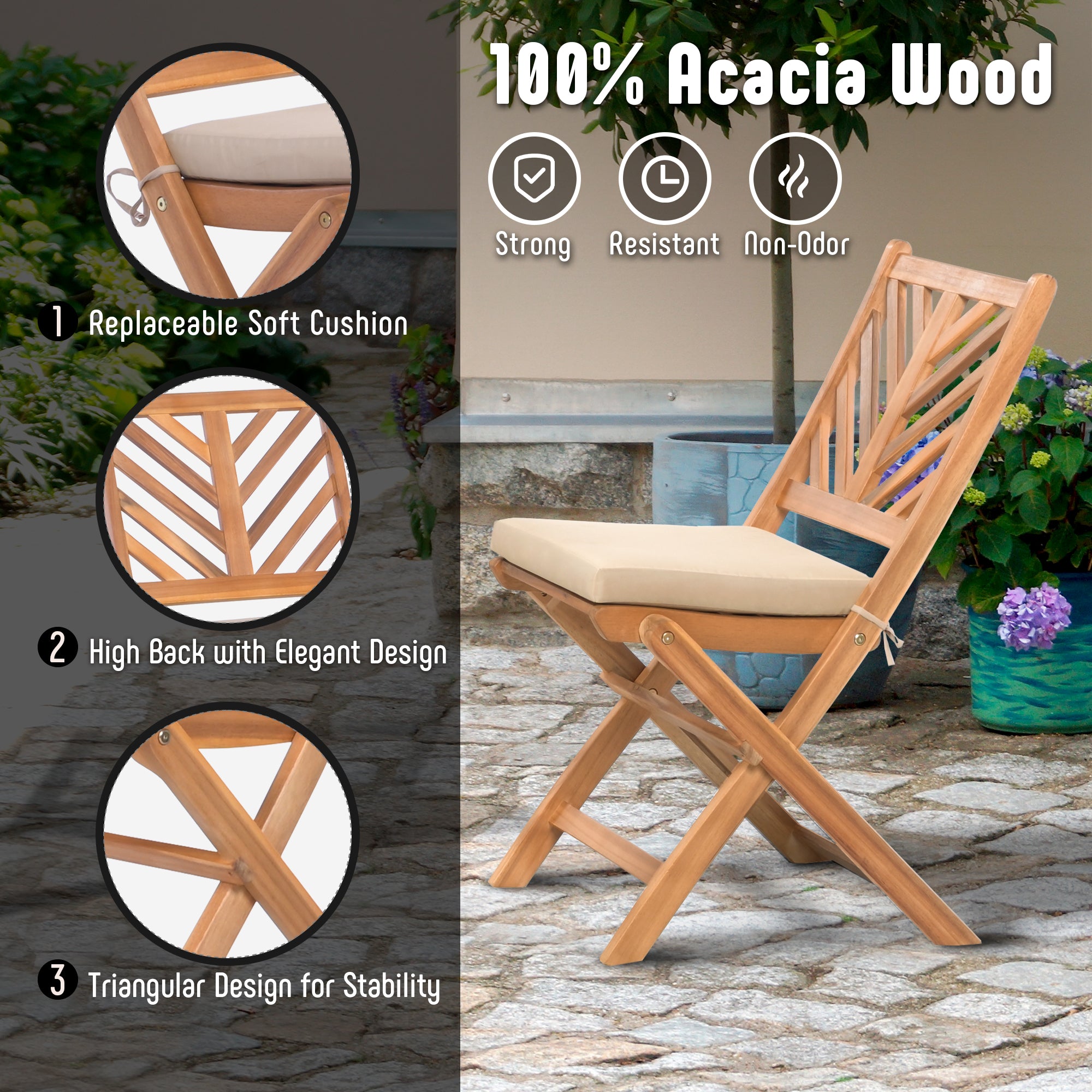 Werph 3-Piece Acacia Wood Bistro Set with Cushions - Foldable Patio Furniture for Balcony & Deck