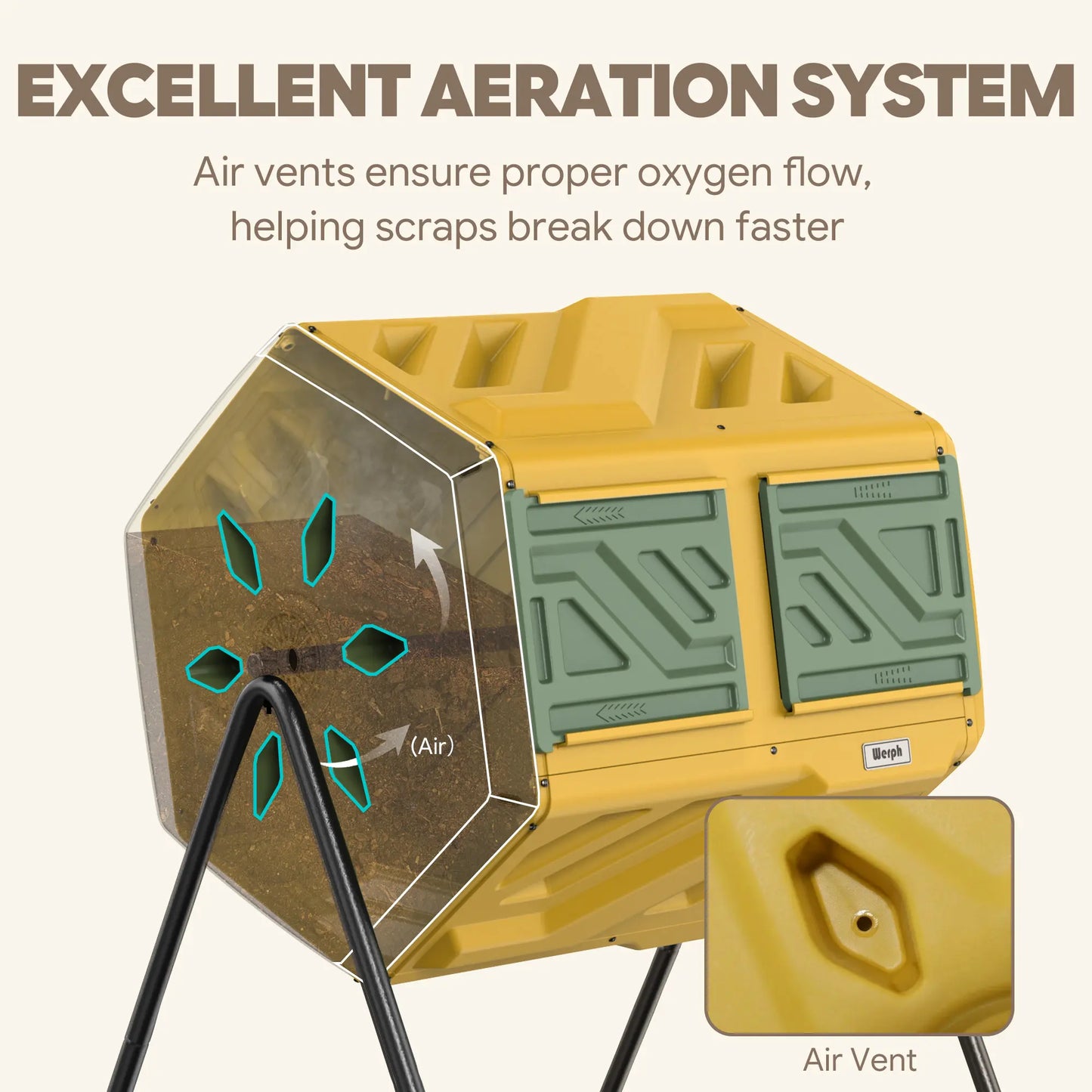 Yellow compost bin with air vents and  excellent aeration system