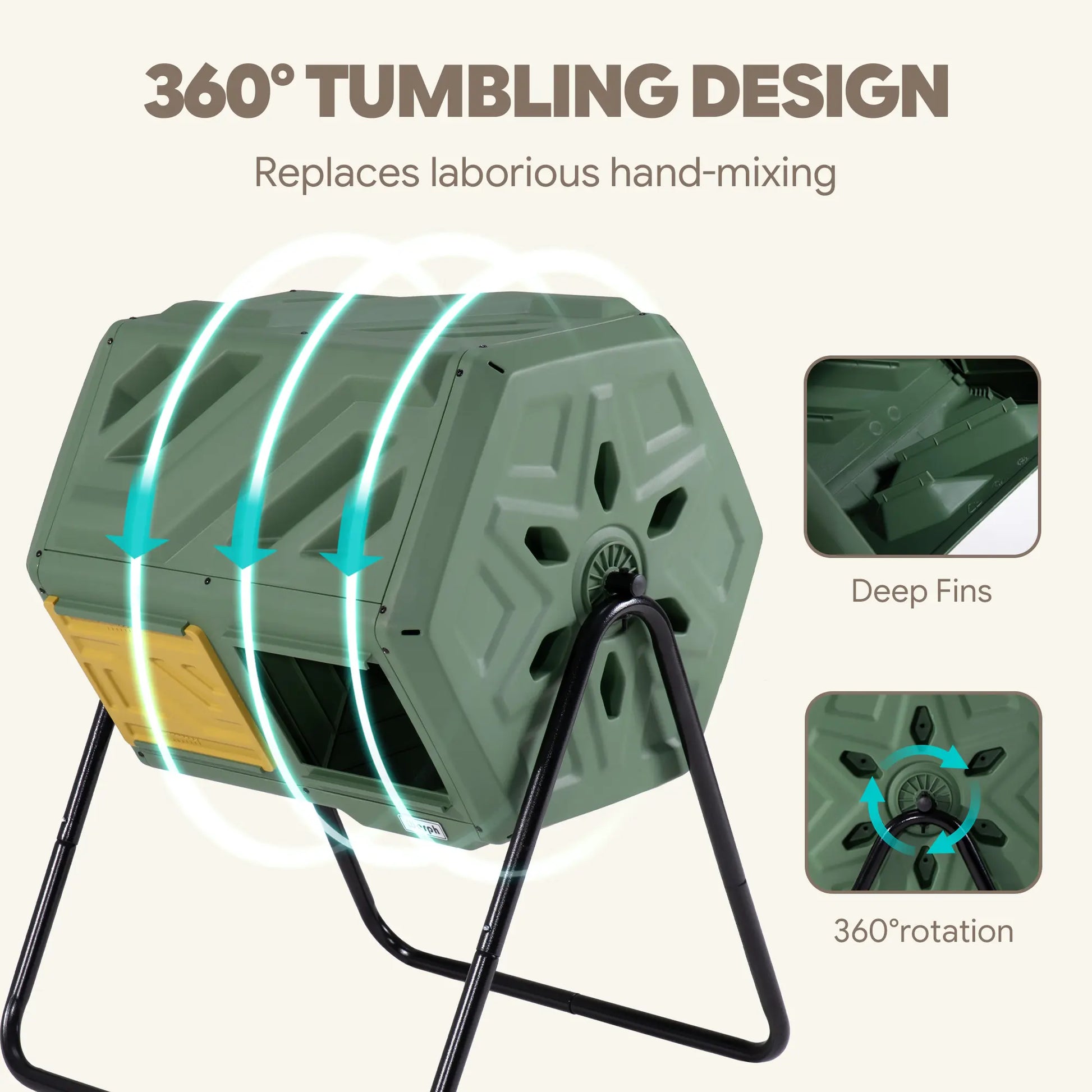 Werph Yellow compost tumbler 360-degree tumbling design with deep fins inside 