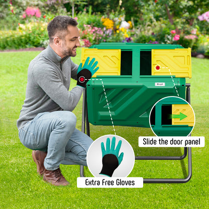 Compost Bin Dual Chamber Compost Tumbler, Fast Assembly 43 Gallon Outdoor with 2 Sliding Doors, Heavy Duty Tumbling Rotating Composter for Kitchen, Garden and Yard, Easy Setup, Gloves Included