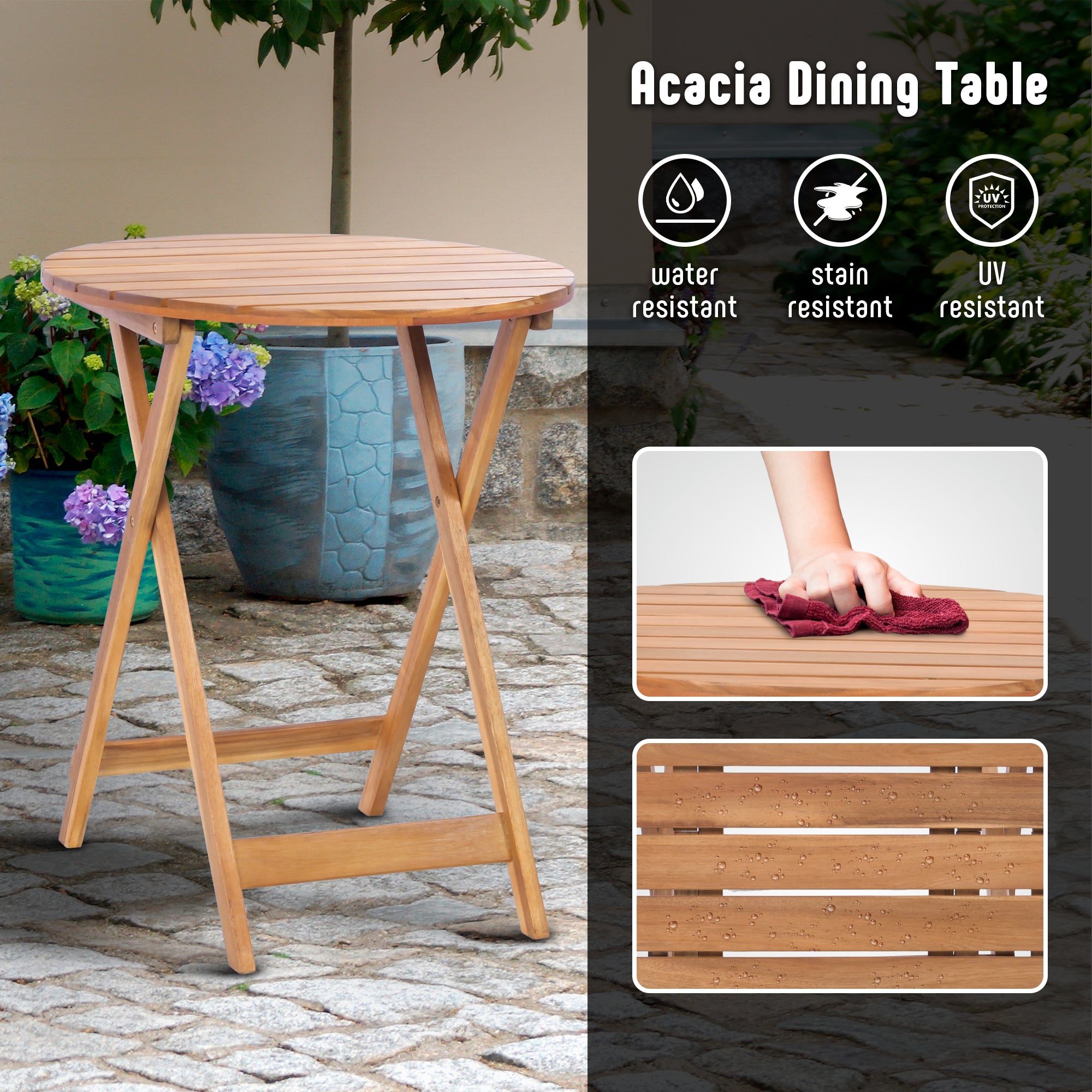 Werph 3-Piece Acacia Wood Bistro Set with Cushions - Foldable Patio Furniture for Balcony & Deck