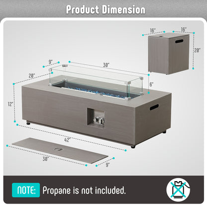 42’’ Propane Fire Pit Table Set with Tank Holder, CSA Certifed 50,000 BTU Outdoor Firepit Table, Wind Guard & Glass Stones, Smoke-Free Rectangular Fire Table for Garden Porch Backyard - Extra Cover