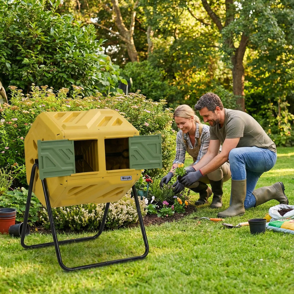 Werph 43 Gallon Dual-Chamber Compost Bin with Gloves for Garden