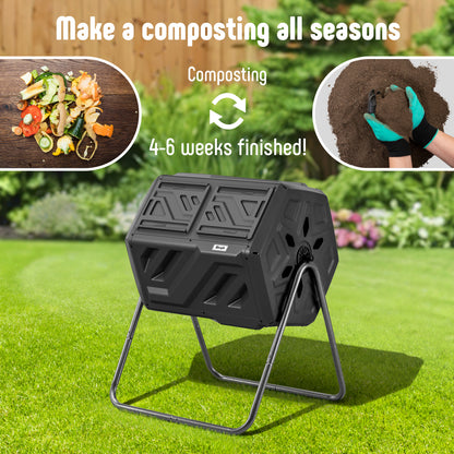 Compost Bin Dual Chamber Compost Tumbler, Fast Assembly 43 Gallon Outdoor with 2 Sliding Doors, Heavy Duty Tumbling Rotating Composter for Kitchen, Garden and Yard, Easy Setup, Gloves Included