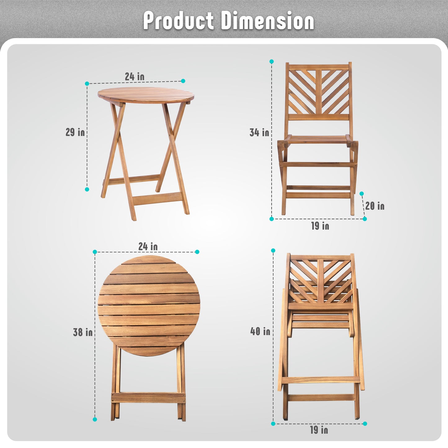 Werph 3-Piece Acacia Wood Patio Set,Bistro Table and Chairs Set of 2,Small Patio Furniture Set with Cushions,Folding Balcony Furniture for Apartment, Balcony, Deck or Porch