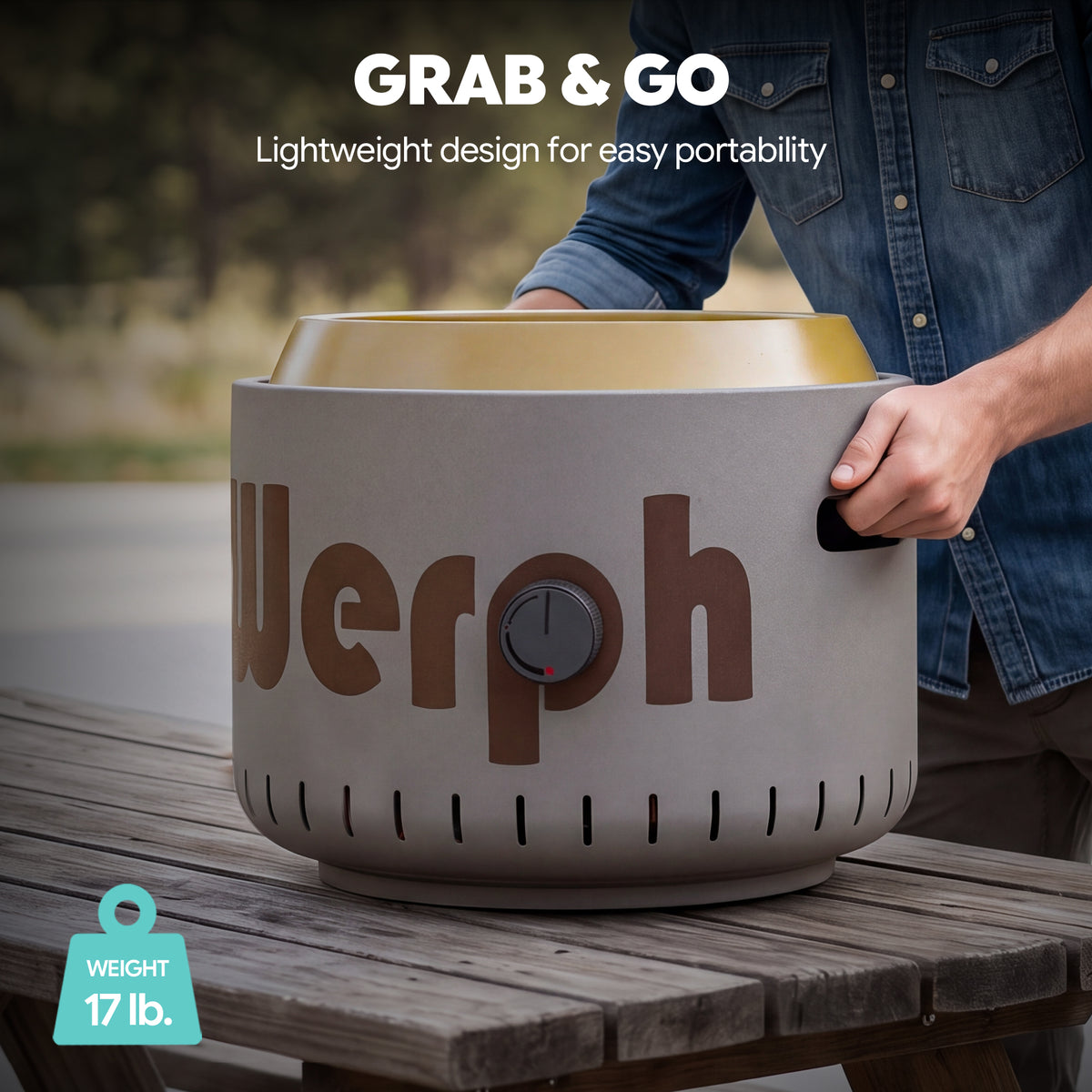 WERPH 17-Inch Compact Propane Gas Fire Pit, 58,000 BTU, Lightweight with Locking 2-in-1 Lid & Pumice Stones, Antique Bronze